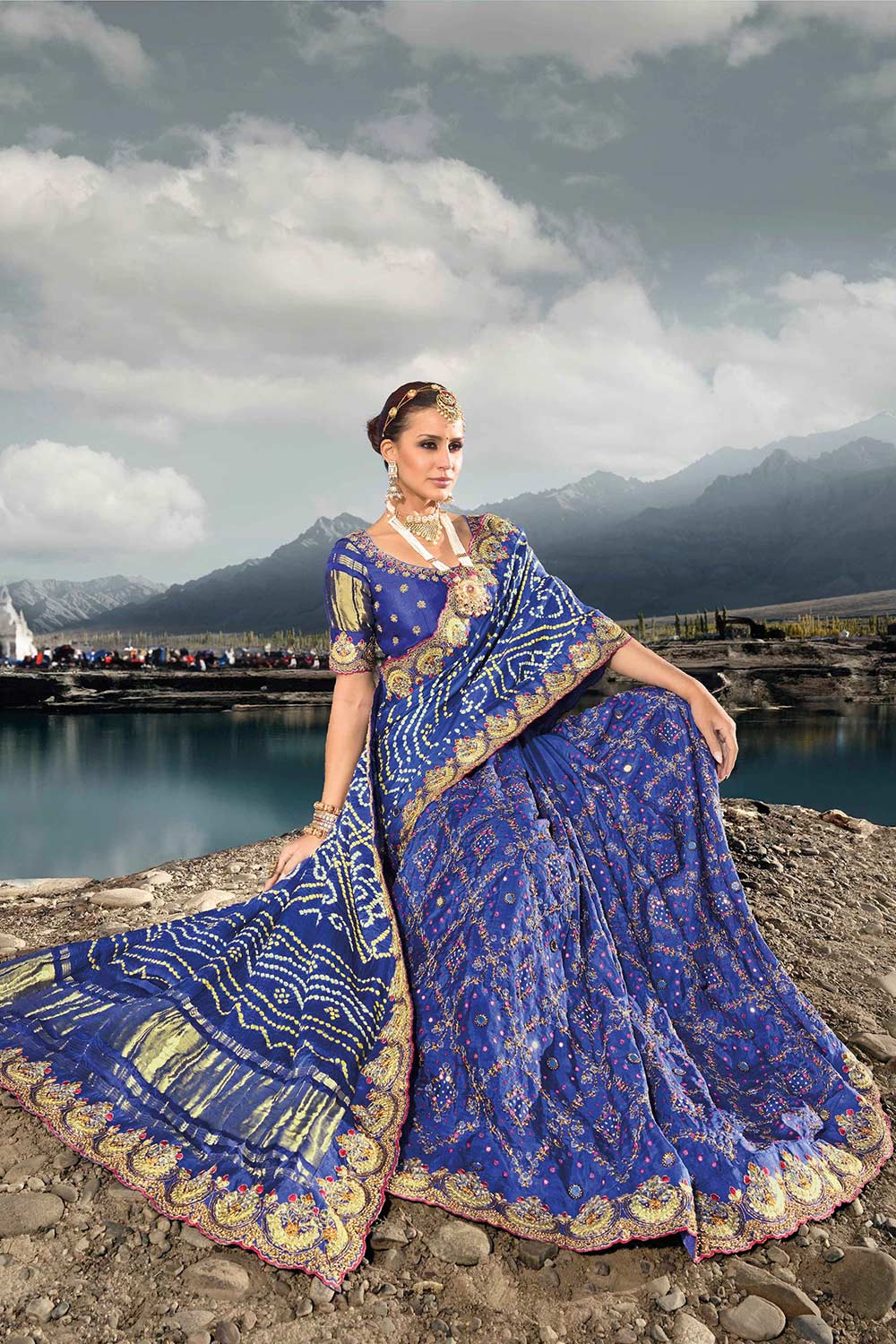 Ziba Royal Blue Satin Saree with Bandhani Embroidery & Mirror Work Ready to Wear One Minute Saree