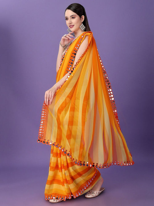 Nima Yellow and Orange Georgette Saree with Striped Design & Mirror Work Ready to Wear One Minute Saree