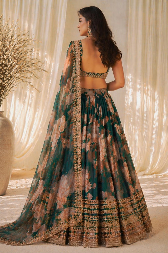 Florence Emerald Green Floral Printed Organza &amp; Embroidered Lehenga Saree