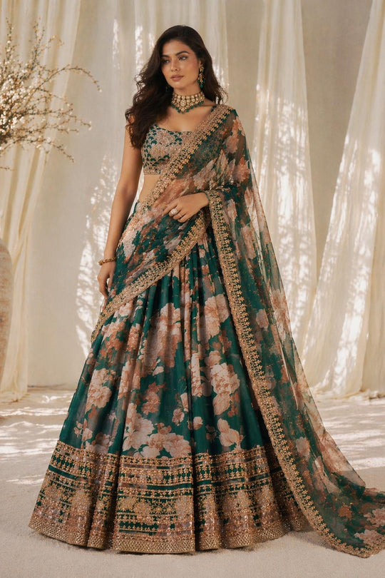 Florence Emerald Green Floral Printed Organza &amp; Embroidered Lehenga Saree