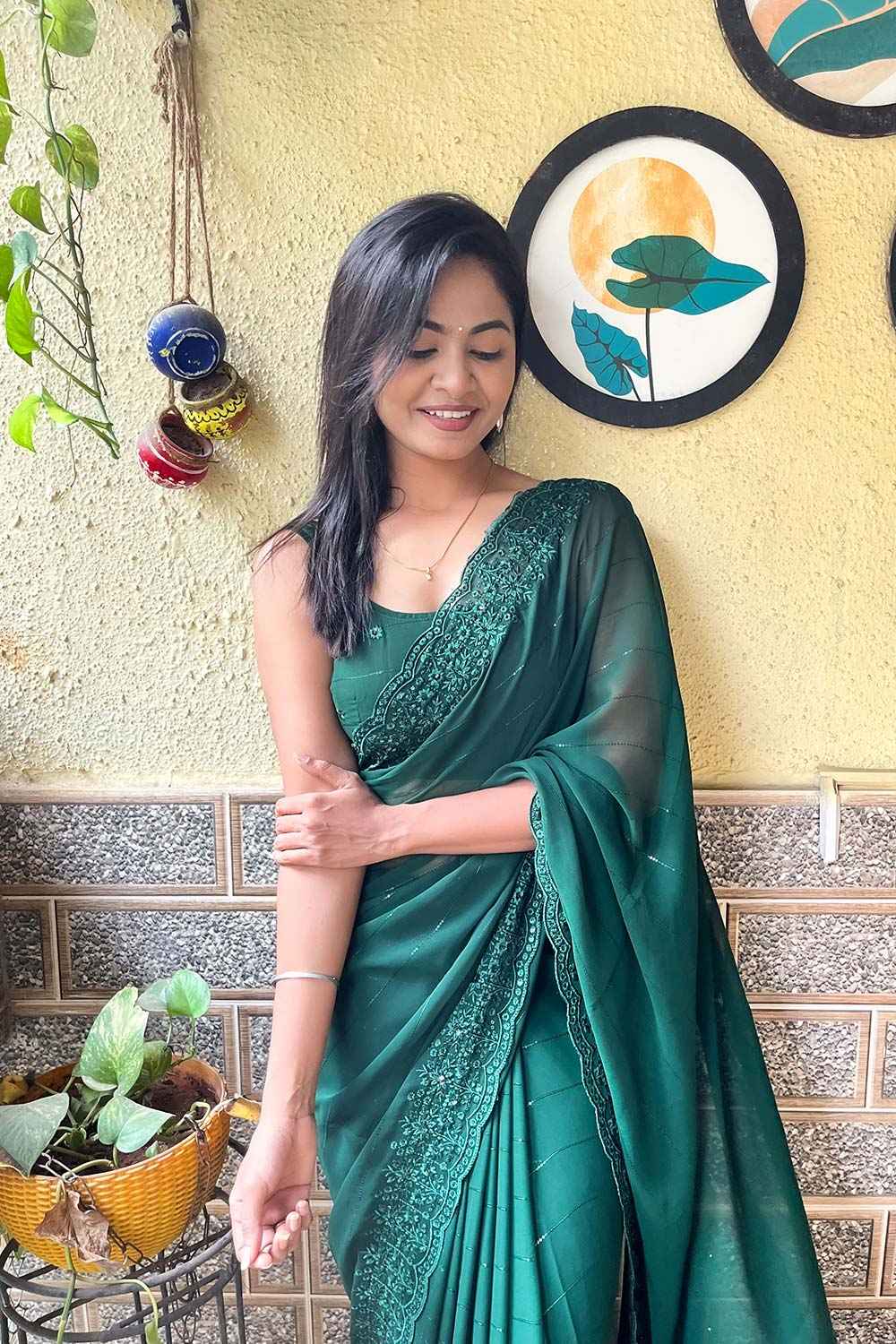 Rasa Green Georgette Saree with Embroidery Ready to Wear One Minute Saree