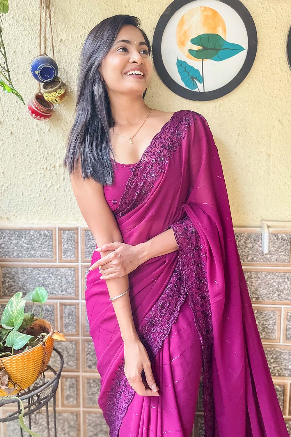 Tina Wine Georgette Saree with Embroidery Ready to Wear One Minute Saree