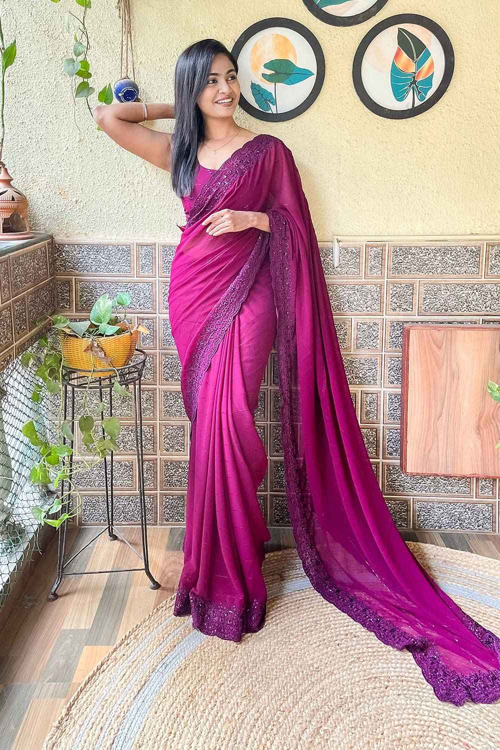 Tina Wine Georgette Saree with Embroidery Ready to Wear One Minute Saree
