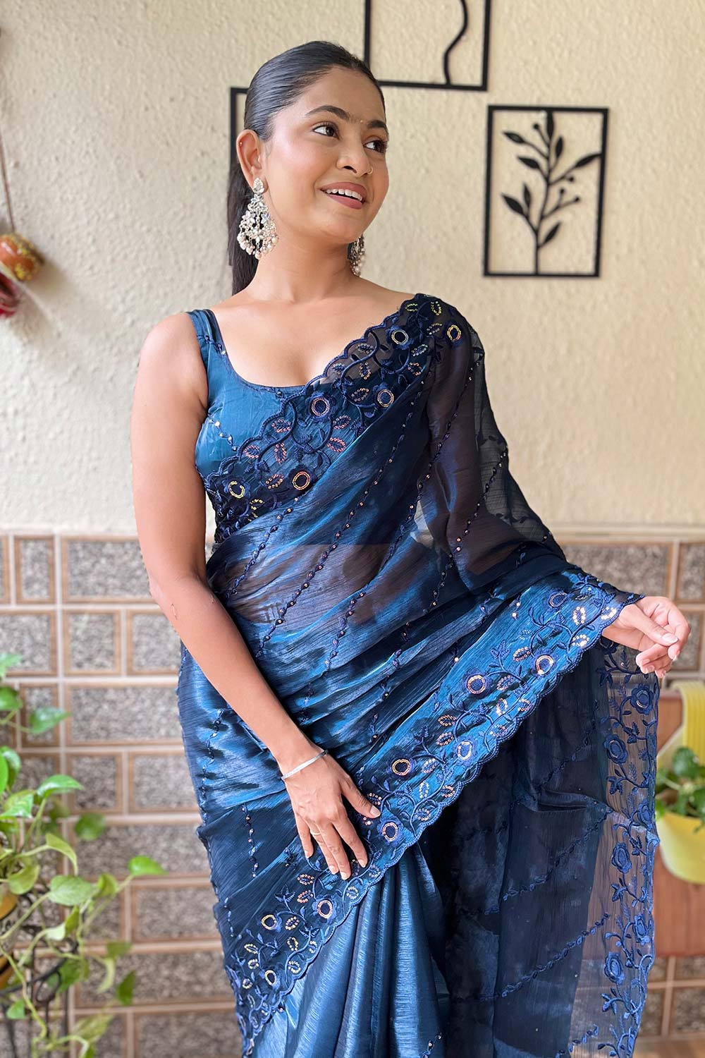 Neda Midnight Blue Burberry Saree with Embroidered Ready to Wear One Minute Saree