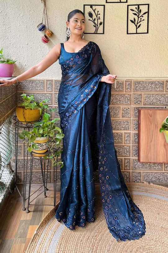 Neda Midnight Blue Burberry Saree with Embroidered Ready to Wear One Minute Saree