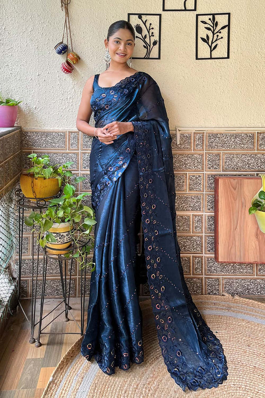 Neda Midnight Blue Burberry Saree with Embroidered Ready to Wear One Minute Saree