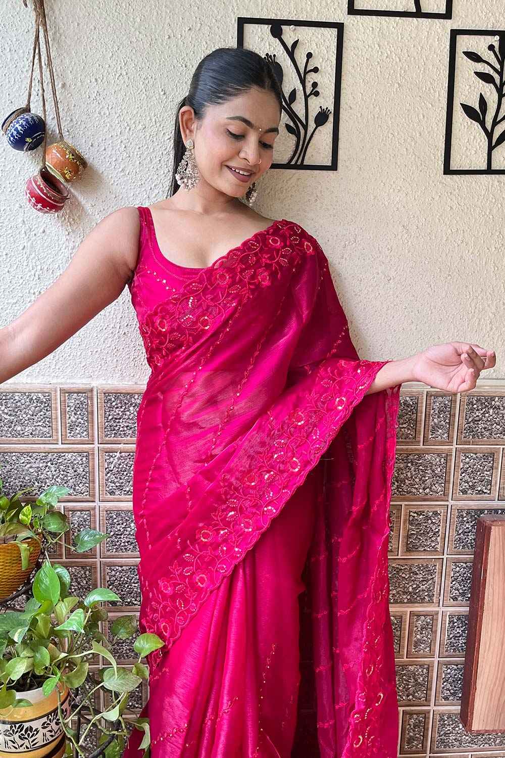 Neda Pink Burberry Saree with Embroidered Ready to Wear One Minute Saree