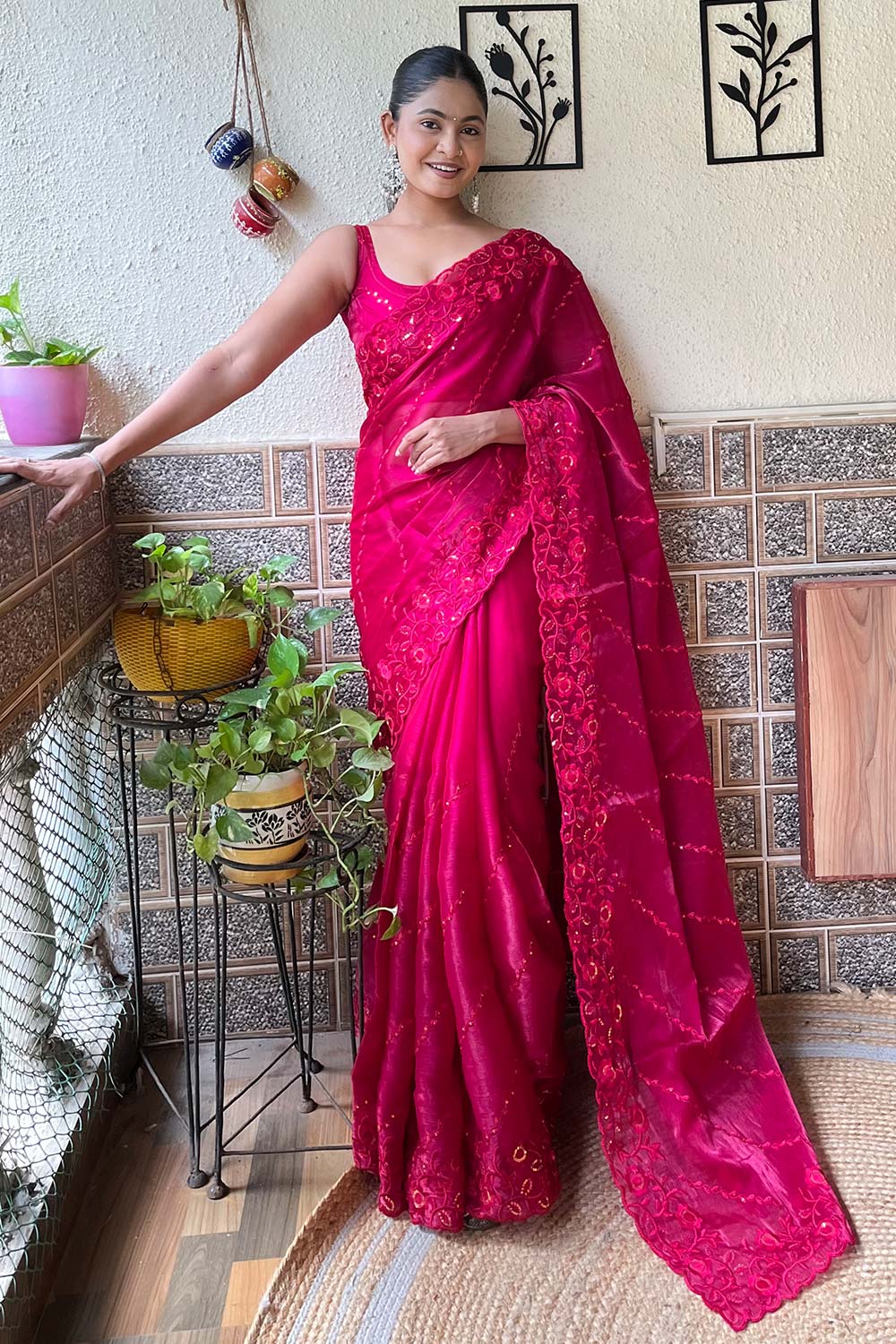 Neda Pink Burberry Saree with Embroidered Ready to Wear One Minute Saree