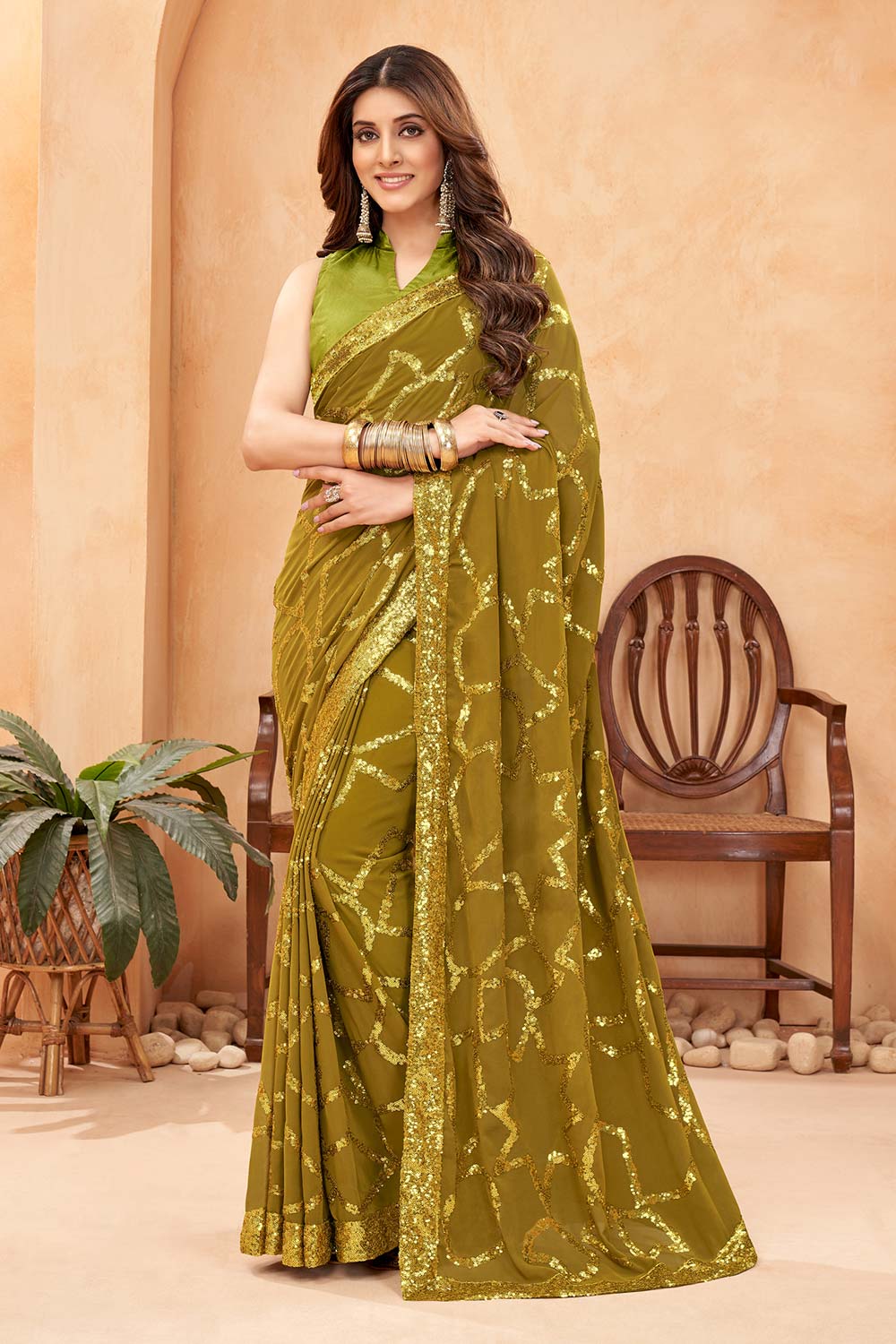 Kimiya Green Faux Georgette Sequin Saree Ready to Wear One Minute Saree