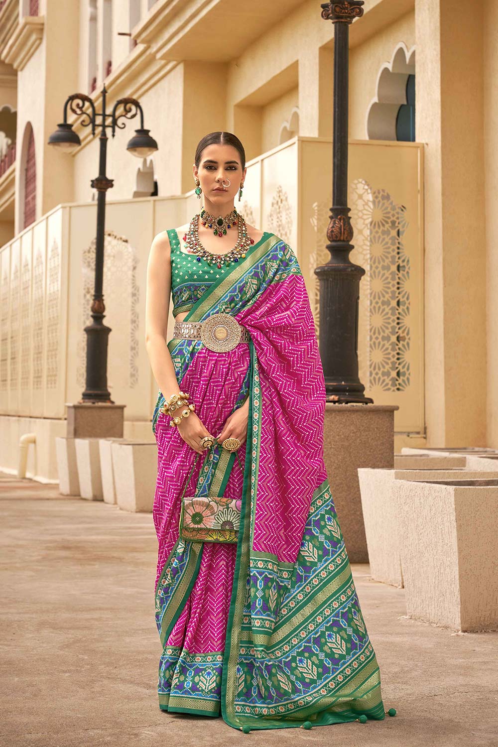 Lilah Pink Silk Saree with Patola Print & Zari One Minute Saree