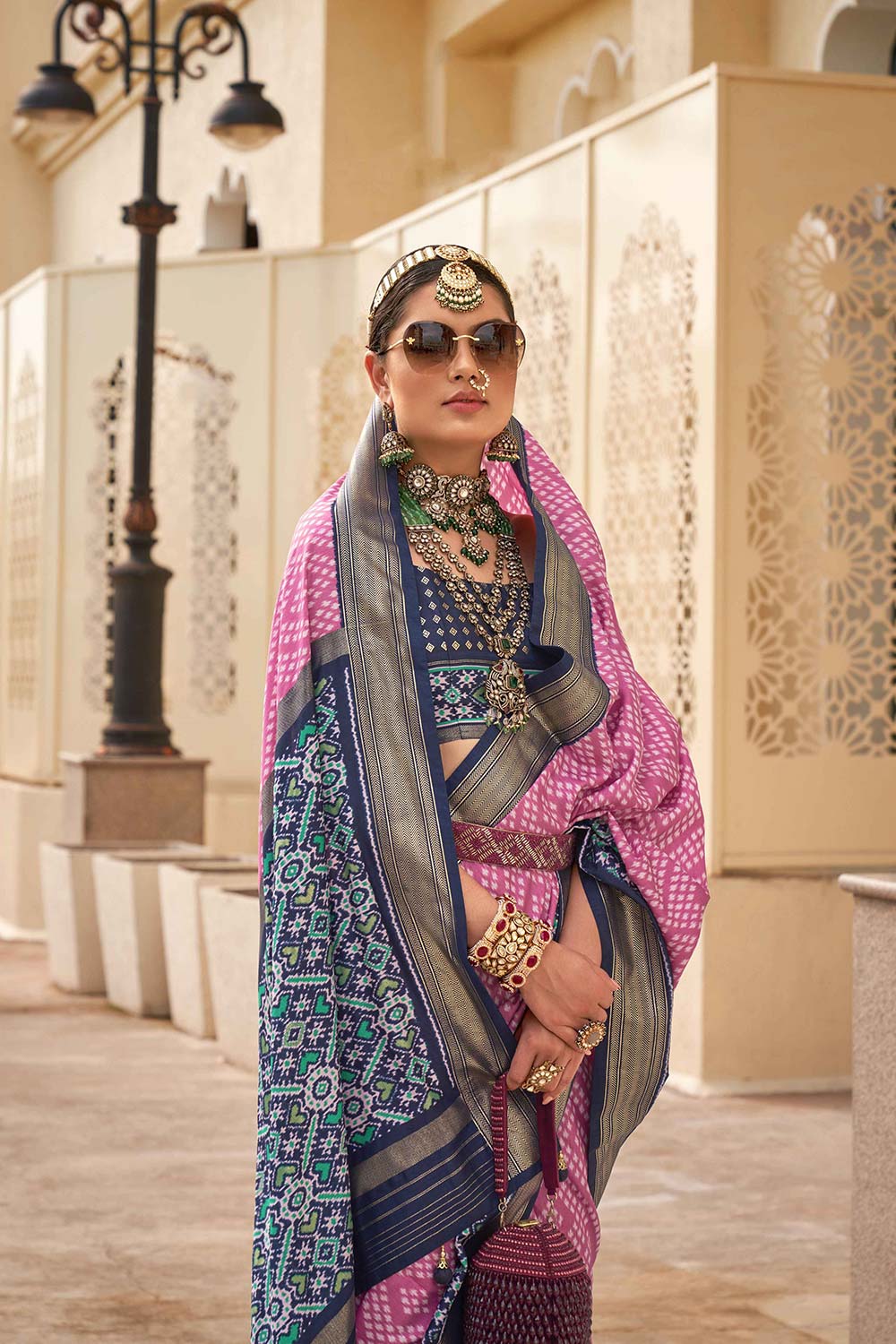 Lilah Pink Silk Saree with Patola Print & Zari One Minute Saree