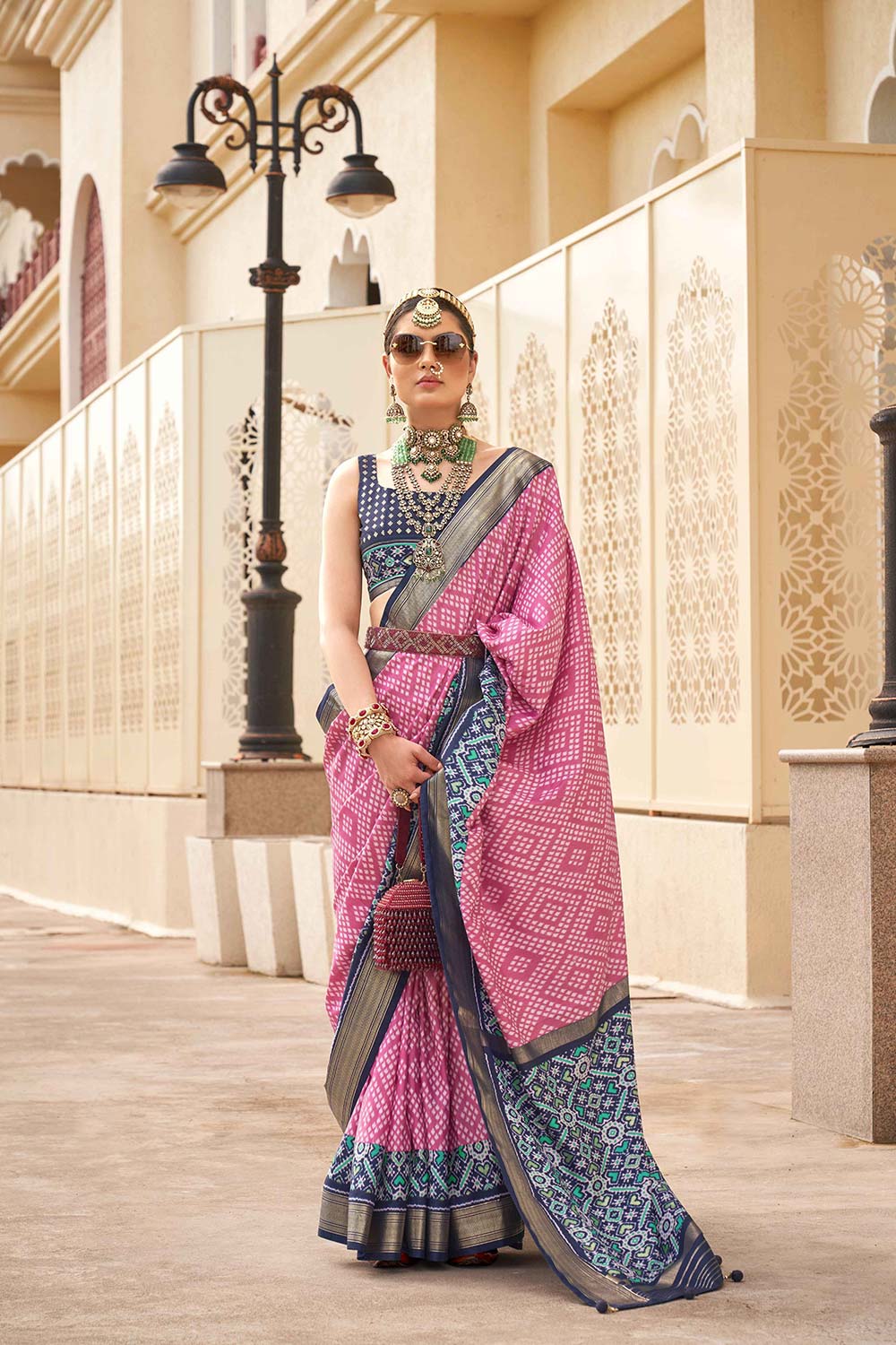 Lilah Pink Silk Saree with Patola Print & Zari One Minute Saree