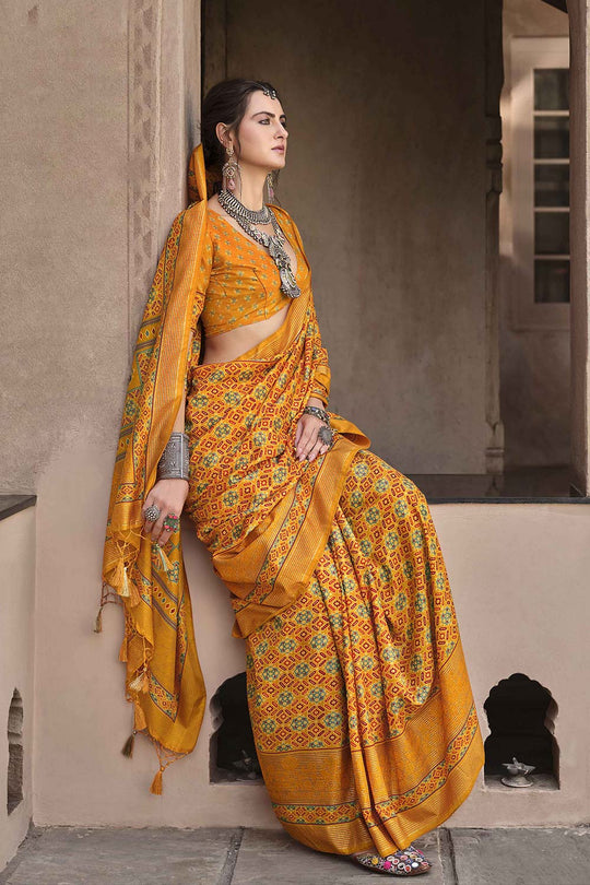 Amira Mustard Yellow Silk Saree with Printed Design Ready to Wear One Minute Saree