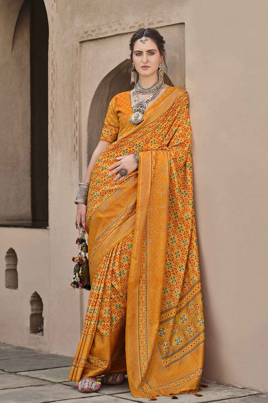 Amira Mustard Yellow Silk Saree with Printed Design Ready to Wear One Minute Saree