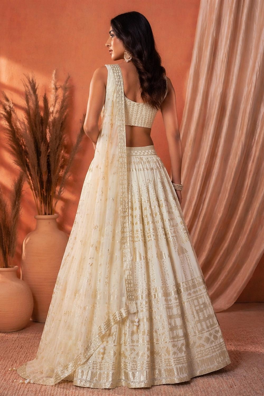 Zeena White Designer Sequin &amp; Thread Embroidered Georgette Lehenga Saree