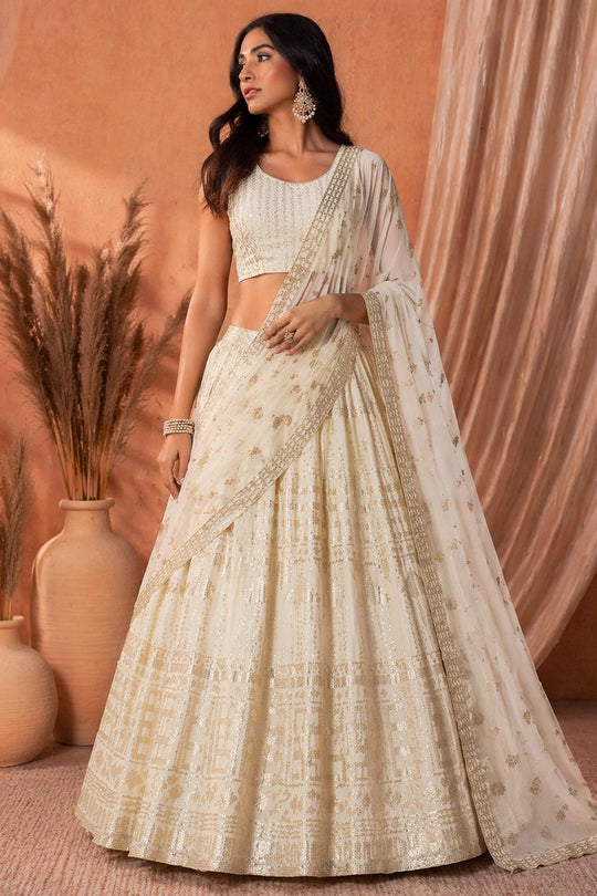 Zeena White Designer Sequin &amp; Thread Embroidered Georgette Lehenga Saree