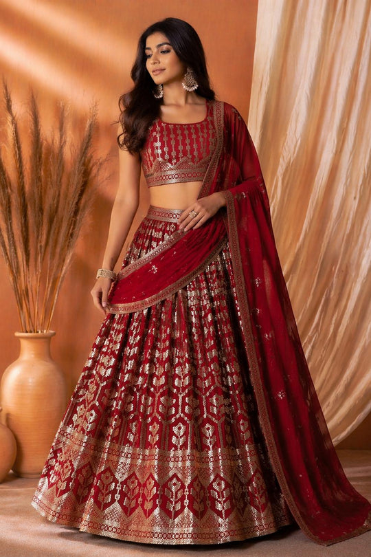 Mavi Maroon Designer Sequins &amp; Thread Embroidered Georgette Lehenga Saree