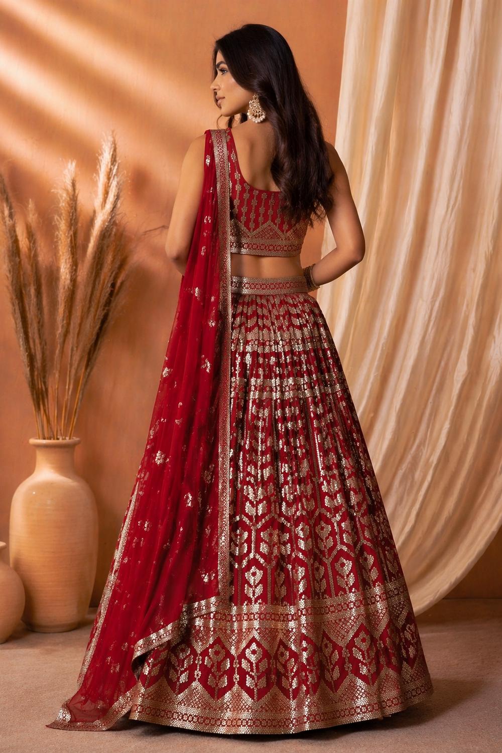 Mavi Maroon Designer Sequins & Thread Embroidered Georgette Lehenga Saree