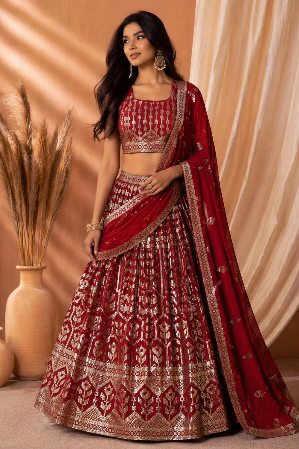 Mavi Maroon Designer Sequins &amp; Thread Embroidered Georgette Lehenga Saree