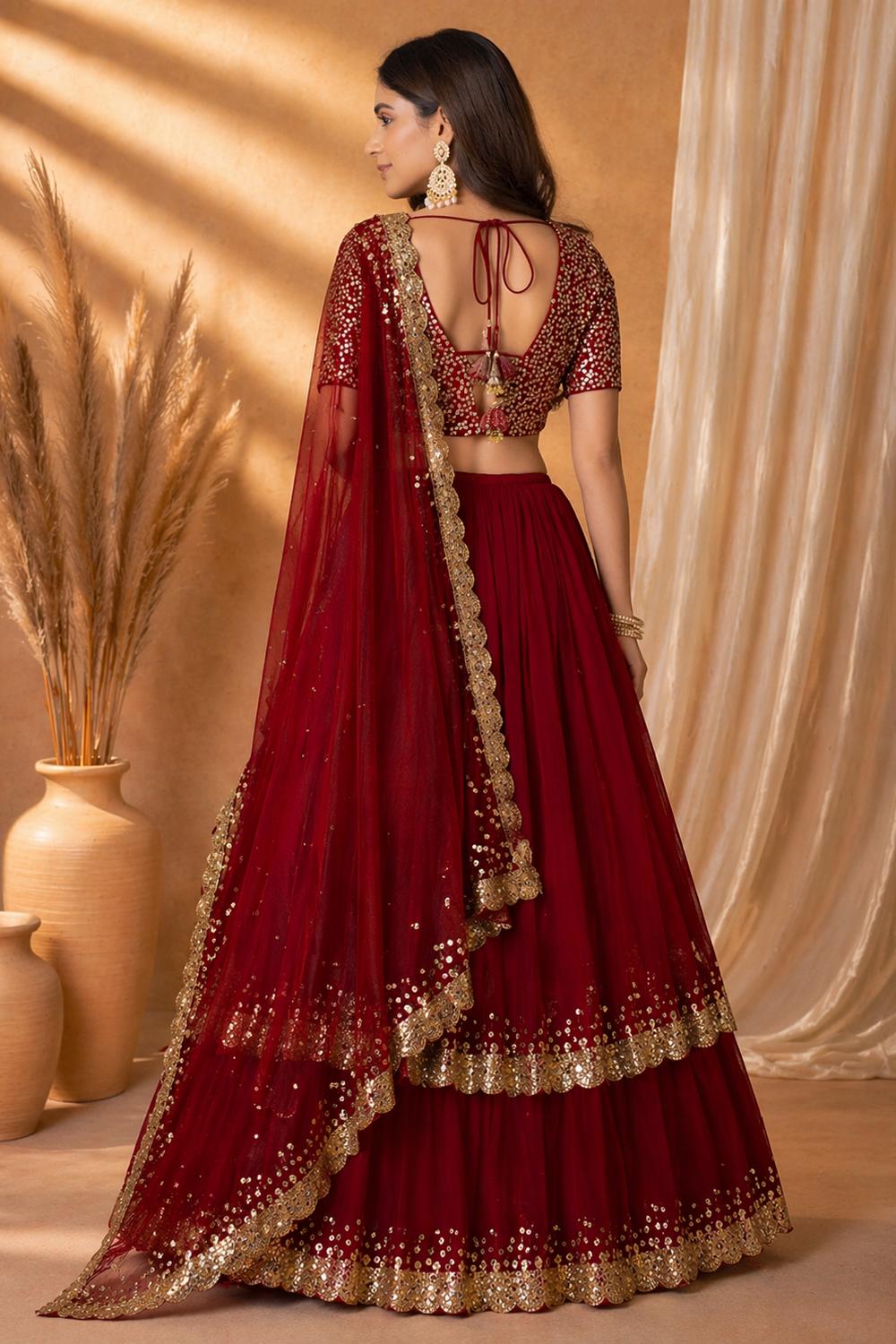 Ritu Wine Georgette Sequins & Zari Embroidered Wedding Party Wear Lehenga Saree
