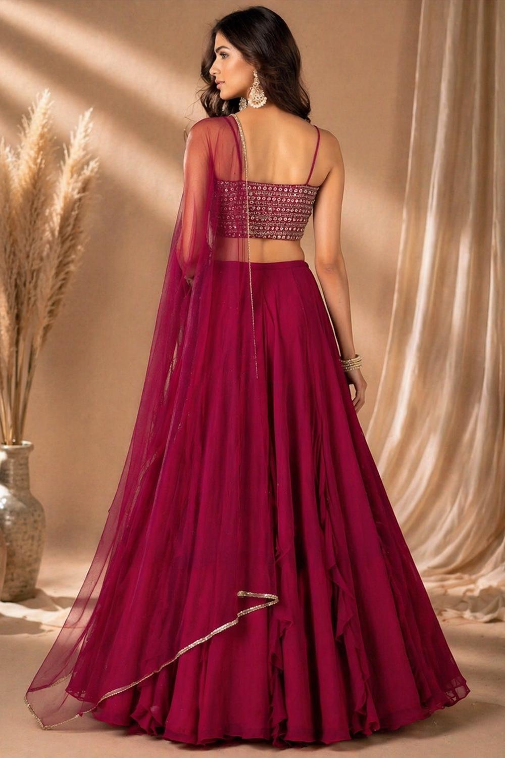 Tasha Pink Georgette Sequins & Zari Embroidered Wedding Party Wear Lehenga Saree