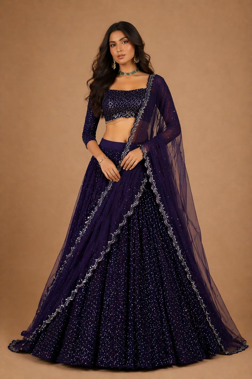 Anjab Midnight Blue Designer Georgette Embroidered Lehenga Saree