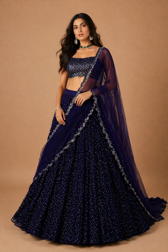 Anjab Midnight Blue Designer Georgette Embroidered Lehenga Saree