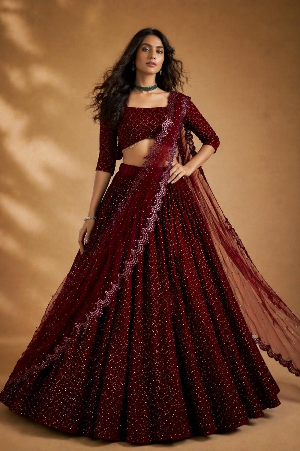 Anjab Maroon Designer Georgette Embroidered Lehenga Saree