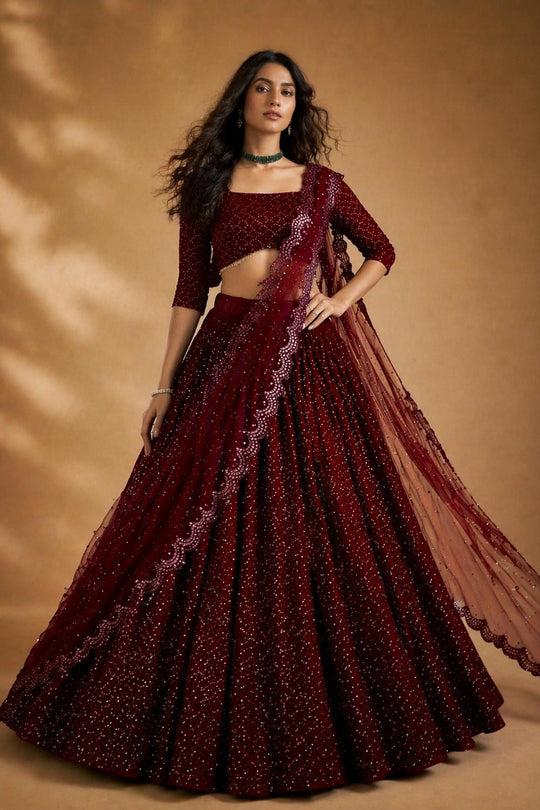 Anjab Maroon Designer Georgette Embroidered Lehenga Saree