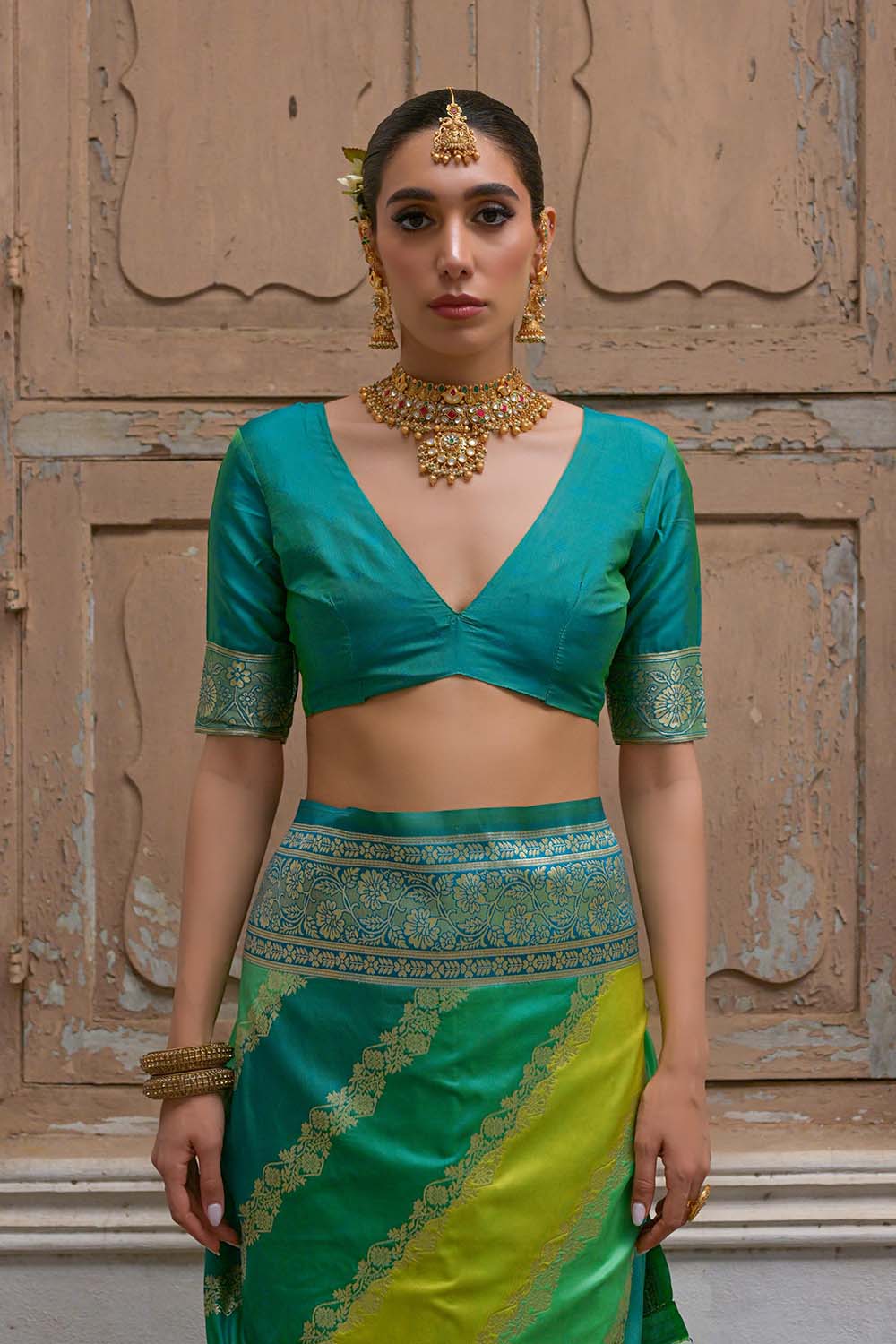 Mina Green Silk Saree with Woven Design Ready to Wear One Minute Saree