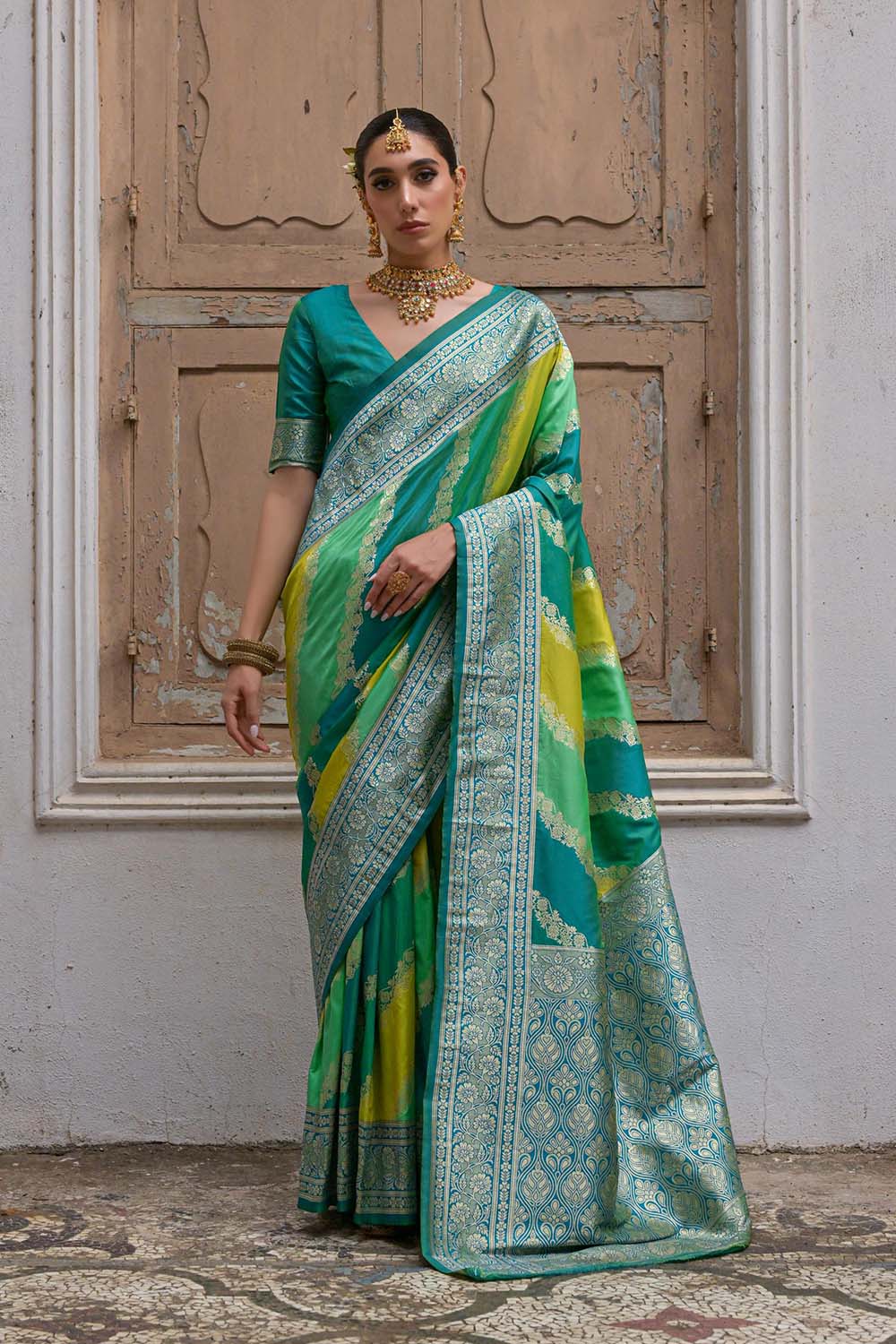 Mina Green Silk Saree with Woven Design Ready to Wear One Minute Saree