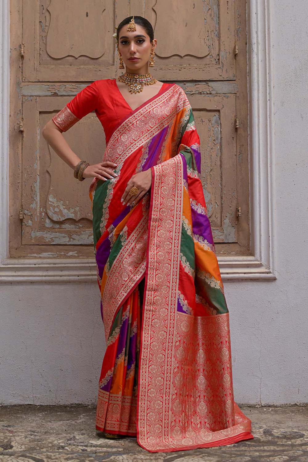 Mina Red Silk Saree with Woven Design Ready to Wear One Minute Saree