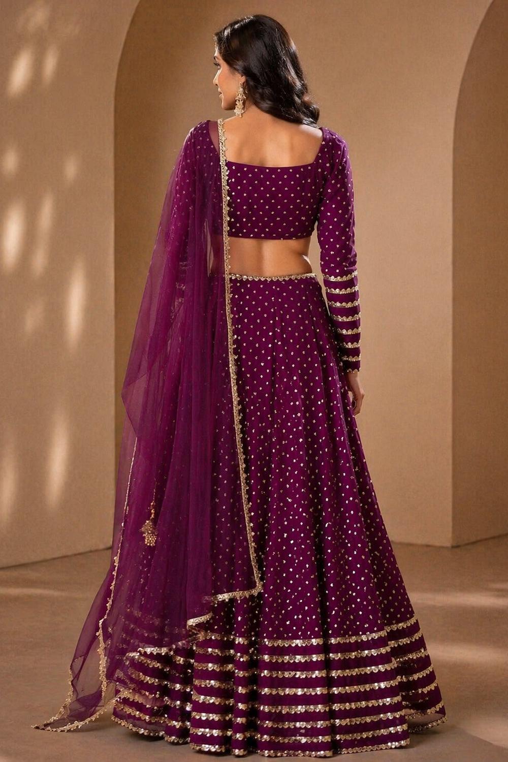 Raina Wine Georgette Sequins &amp; Gold Zari Embroidered Lehenga Saree