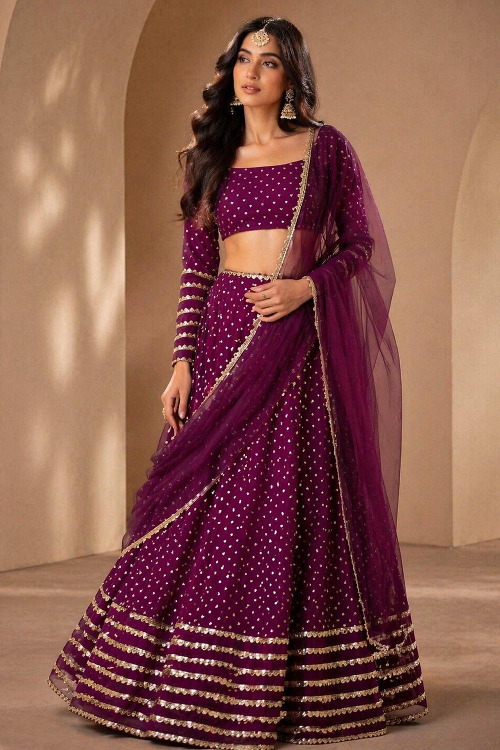 Raina Wine Georgette Sequins &amp; Gold Zari Embroidered Lehenga Saree
