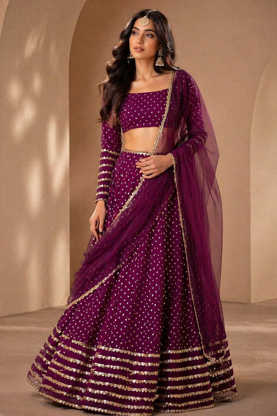 Raina Wine Georgette Sequins &amp; Gold Zari Embroidered Lehenga Saree