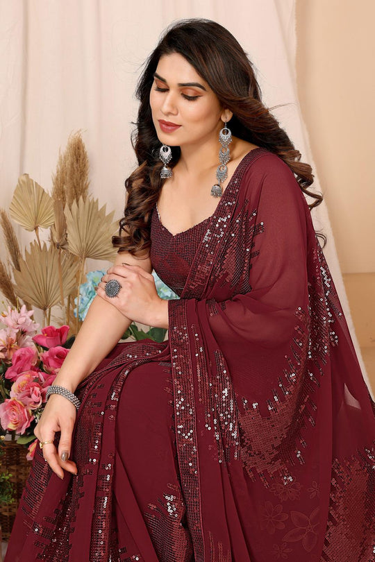 Noelle Maroon Sequin Georgette Ready to Wear Party Wear Saree