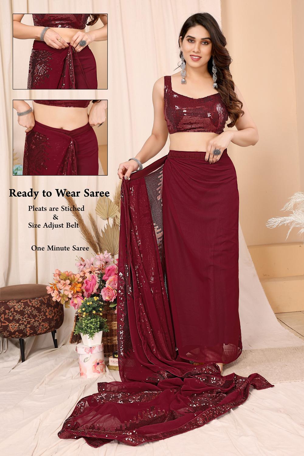 Noelle Maroon Sequin Georgette Ready to Wear Party Wear Saree