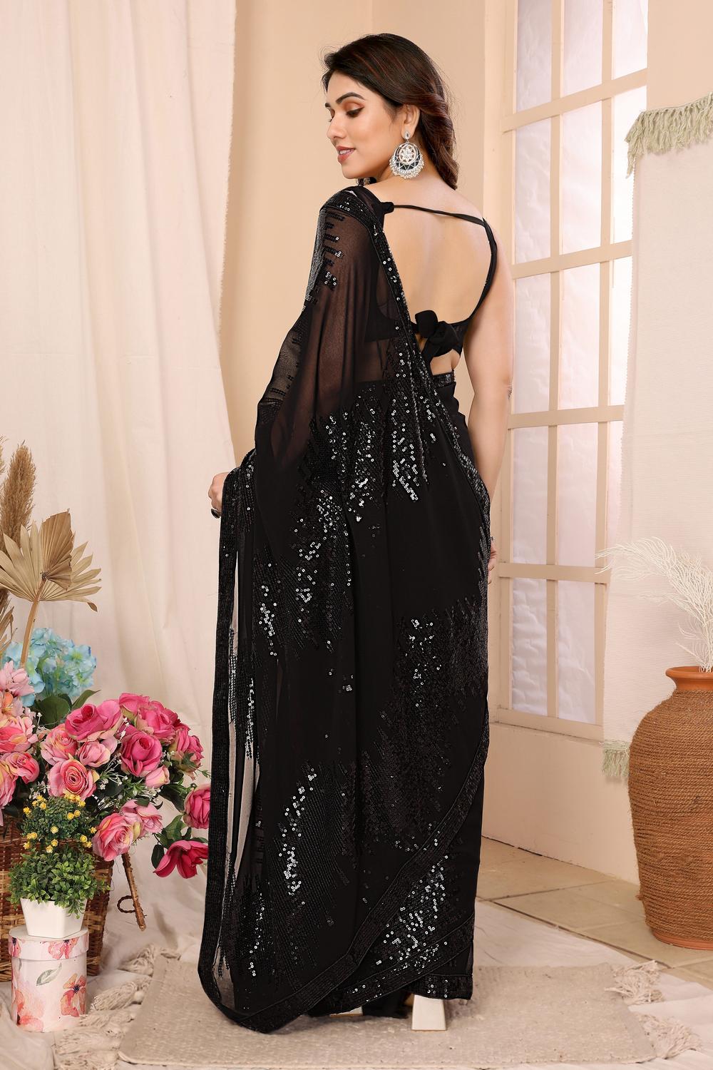 Noelle Black Sequin Georgette Ready to Wear Party Wear Saree