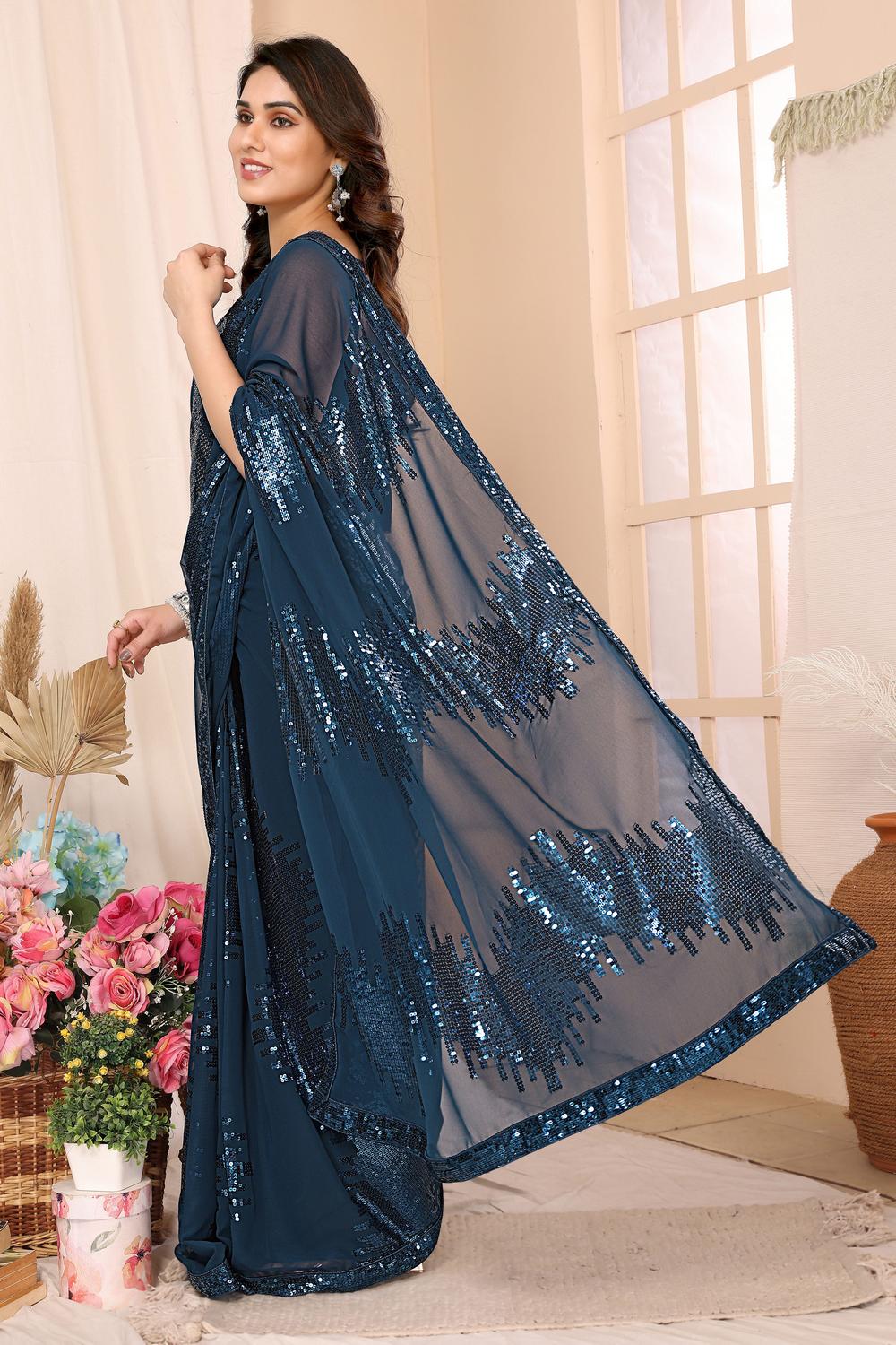 Noelle Teal Sequin Georgette Ready to Wear Party Wear Saree