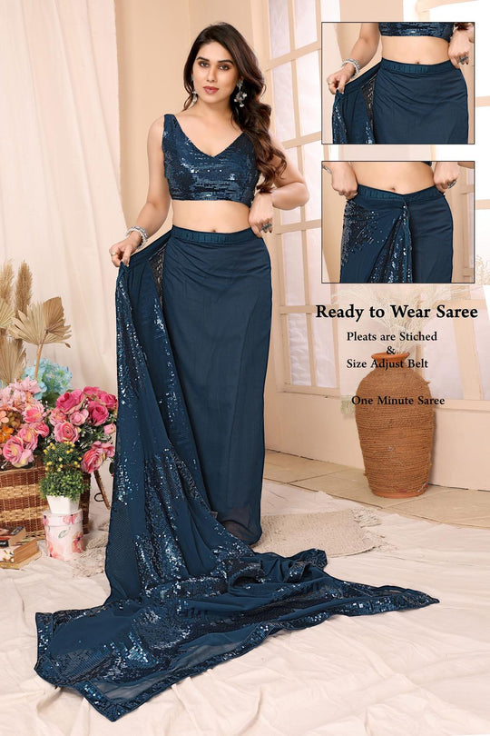 Noelle Teal Sequin Georgette Ready to Wear Party Wear Saree