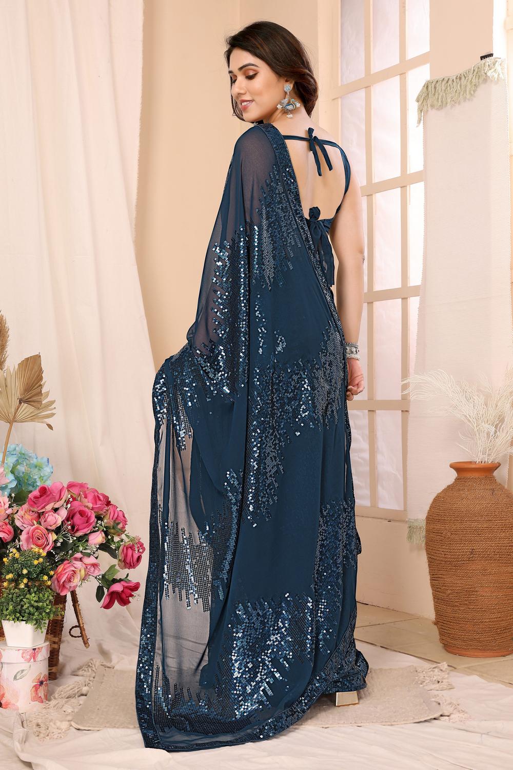 Noelle Teal Sequin Georgette Ready to Wear Party Wear Saree