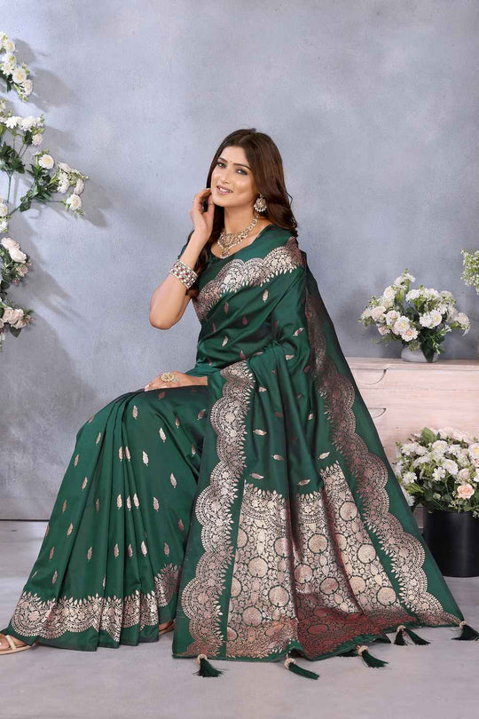 Lila Bottle Green Banarasi Silk Saree with Woven Design Ready to Wear One Minute Saree