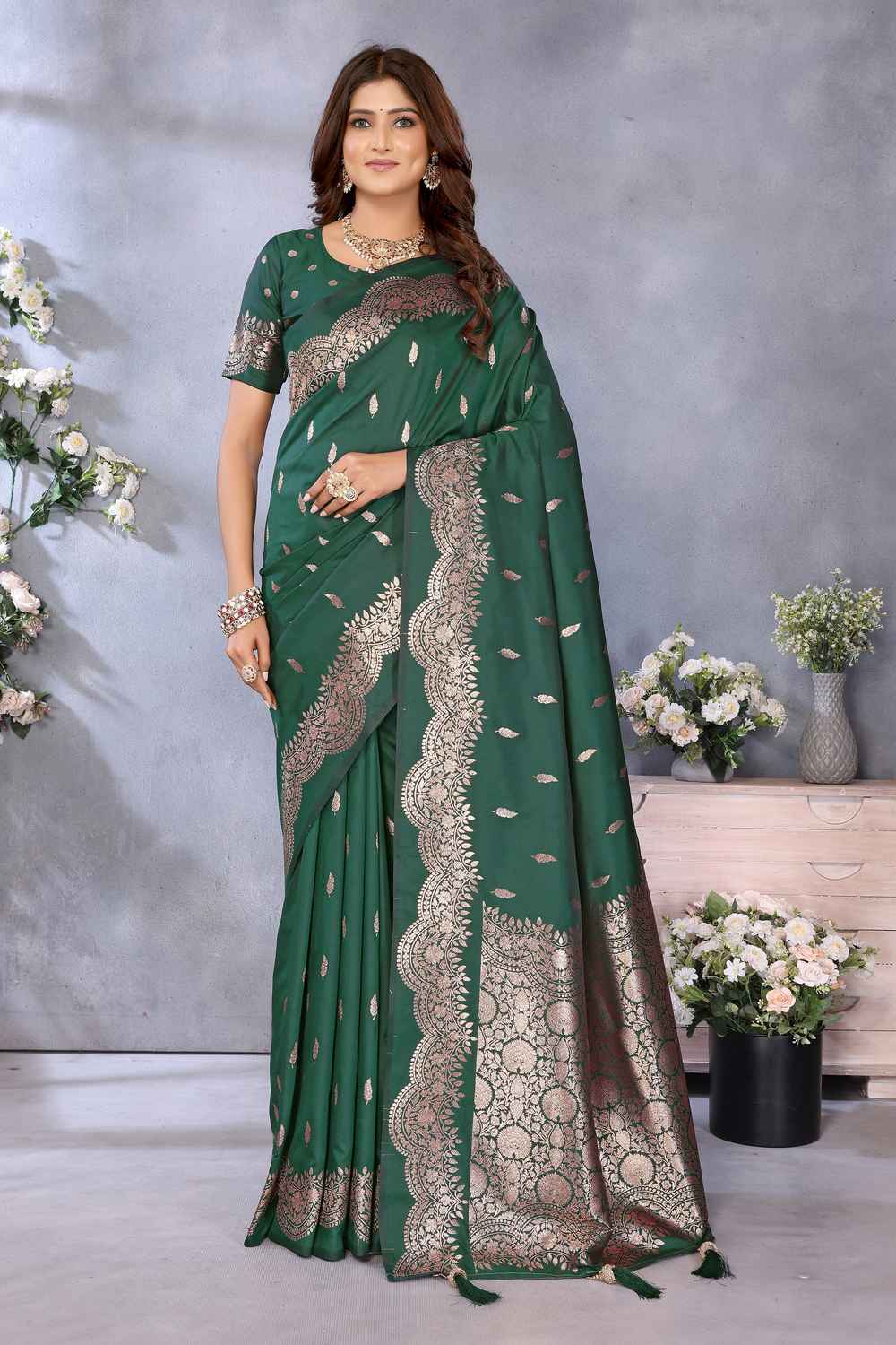 Lila Bottle Green Banarasi Silk Saree with Woven Design Ready to Wear One Minute Saree