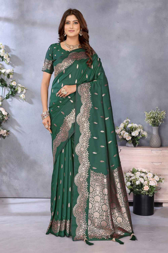 Lila Bottle Green Banarasi Silk Saree with Woven Design Ready to Wear One Minute Saree