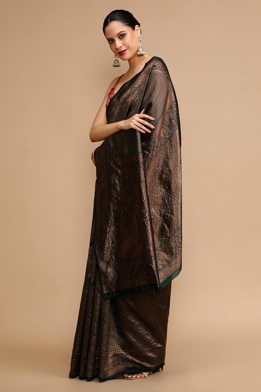 Ariene Black Copper Silk Saree with Woven Design Ready to Wear One Minute Saree