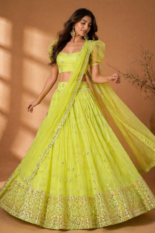 Josie Neon Yellow Georgette Sequins &amp; Gold Zari Embroidered Lehenga Saree