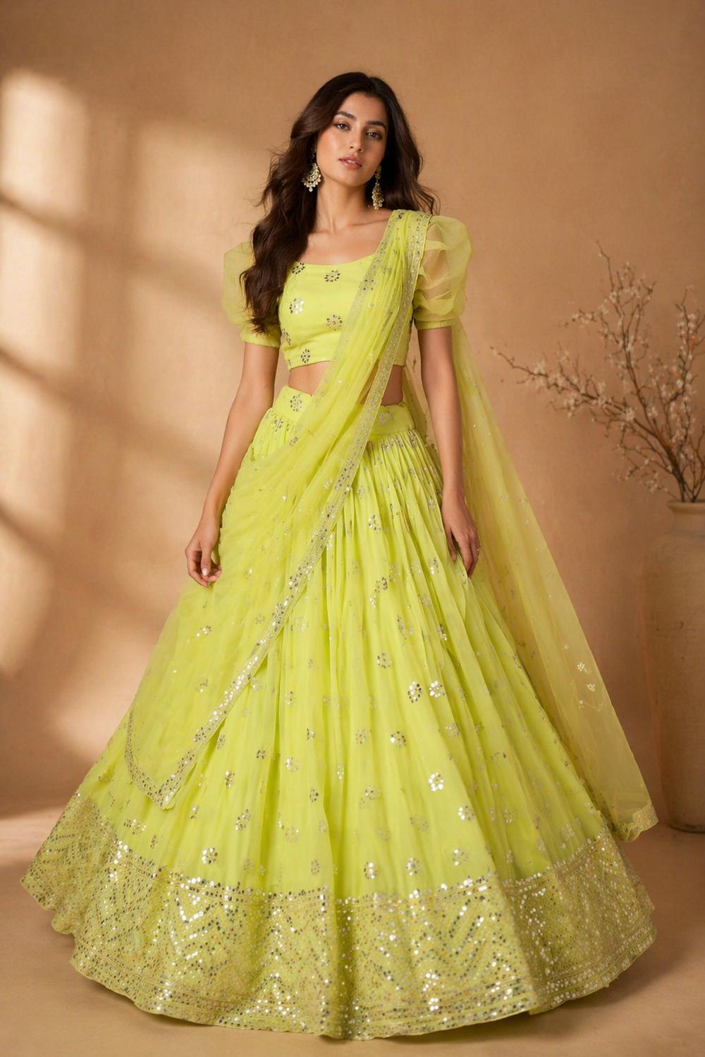 Josie Neon Yellow Georgette Sequins & Gold Zari Embroidered Lehenga Saree