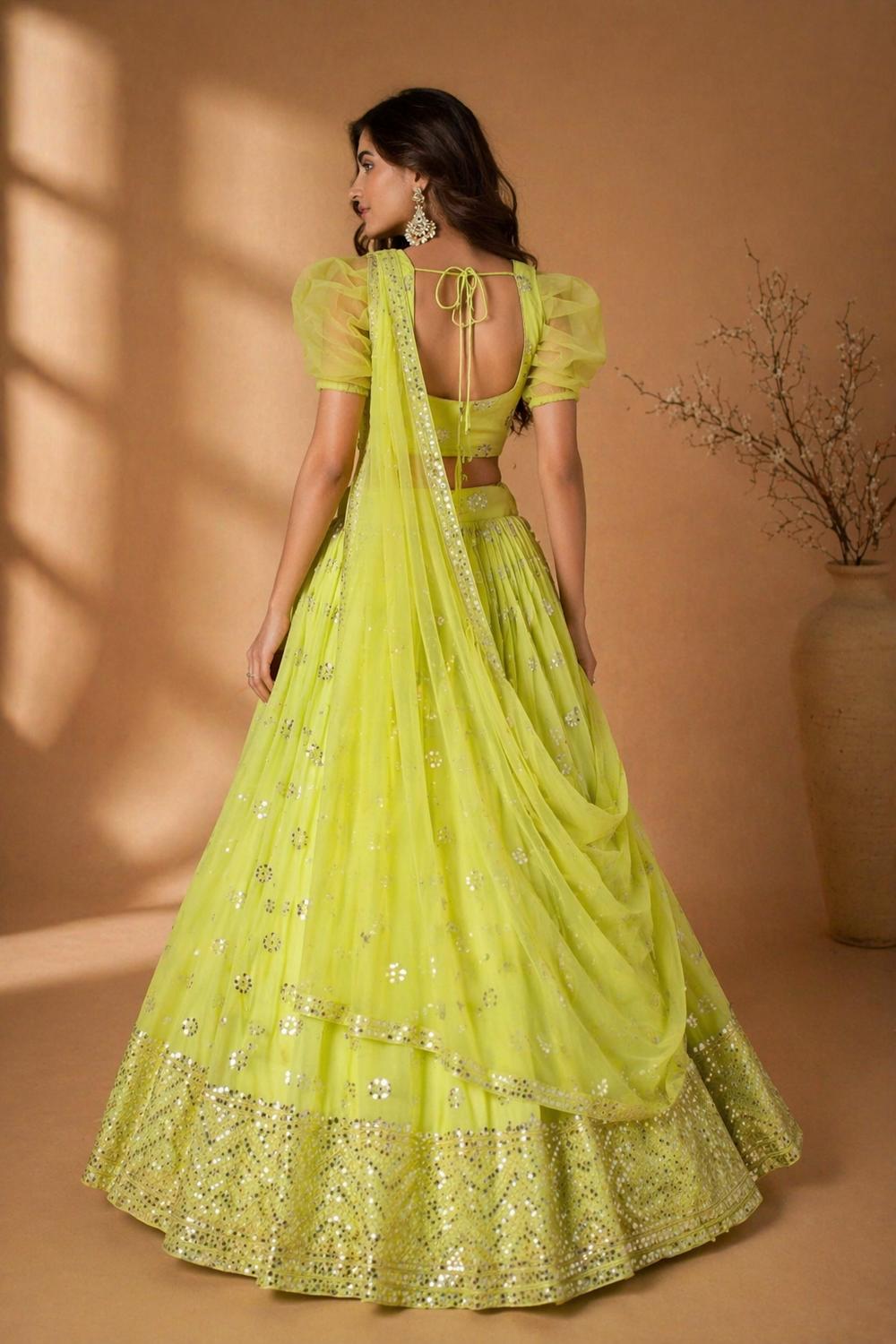 Josie Neon Yellow Georgette Sequins &amp; Gold Zari Embroidered Lehenga Saree