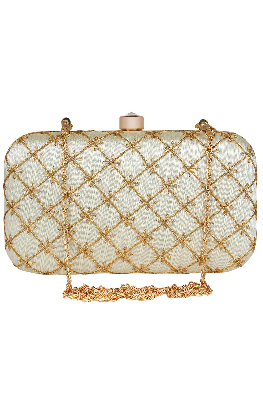 Designer Tulle Embroidered & Embellished  Silk Clutch Off-White & Gold