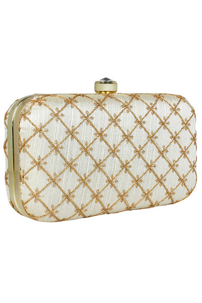 Designer Tulle Embroidered & Embellished  Silk Clutch Off-White & Gold